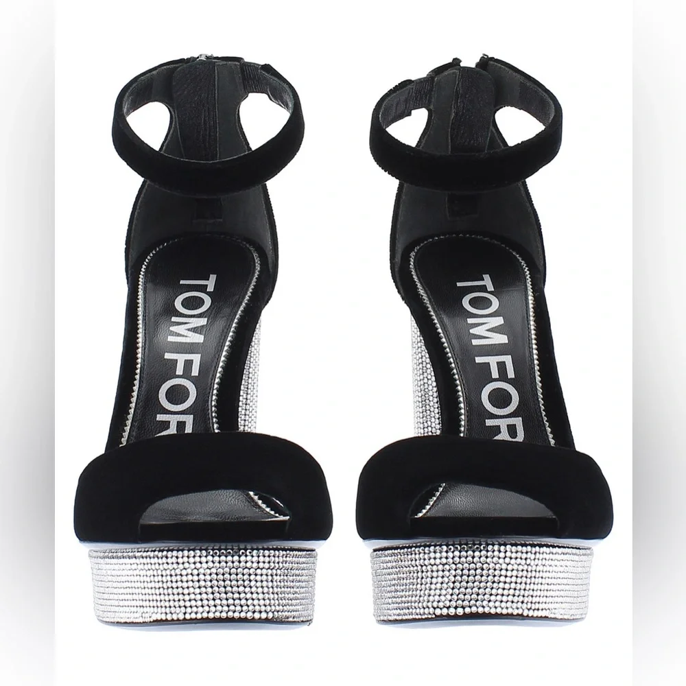 TOM FORD Black Velvet Crystal Holiday Platform Sandals 39